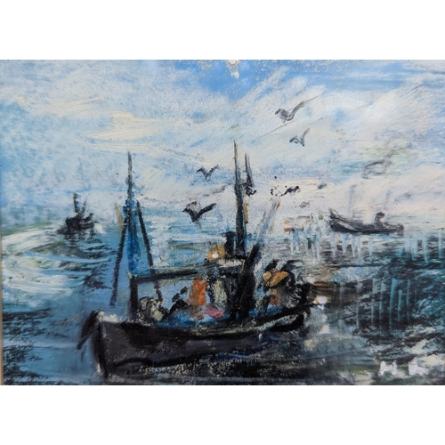 206 - HAMISH LAWRIE (Scottish 1919-1987) *ARR* Morning Trawlers Oil, signed with initials lower right, 10c... 