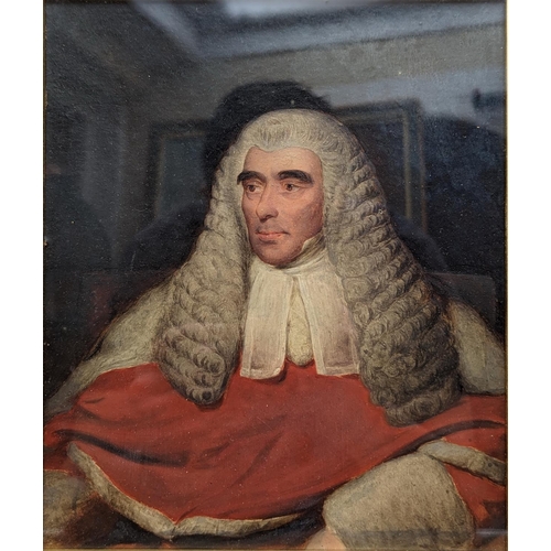 216 - 19TH CENTURY SCHOOL Portrait of a judge, red coat, white cravat and full wig Oil, unsigned, 24cm x 2... 