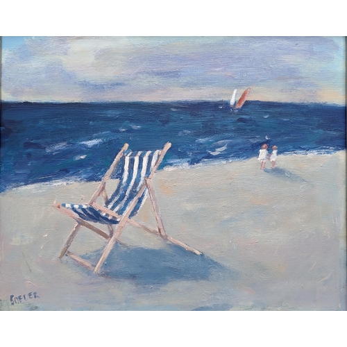 221 - JANE SOEDER (Scottish, b1934) *ARR* The Deck Chair Oil on board, signed lower left, 24cm x 29cm.... 