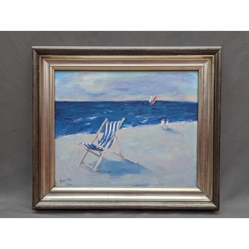 221 - JANE SOEDER (Scottish, b1934) *ARR* The Deck Chair Oil on board, signed lower left, 24cm x 29cm.... 