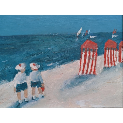 222 - JANE SOEDER (Scottish, b1934) *ARR* Beach Huts Oil on board, signed lower left, 22cm x 28cm.... 