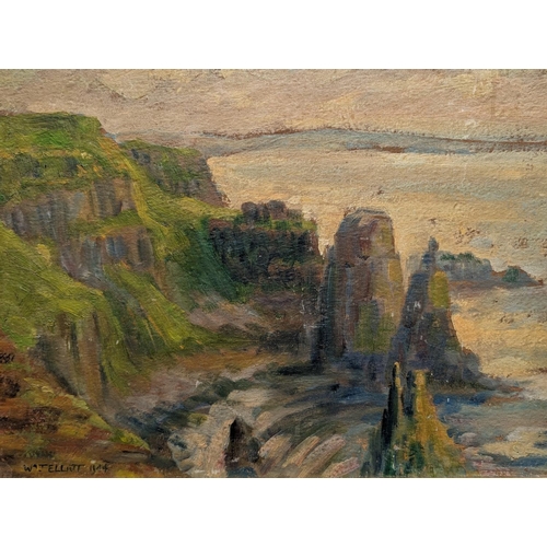 224 - WILLIAM J ELLIOTT (Irish) Cliffs and sea stacks Oil on board, signed and dated 1944 lower left, 39cm... 