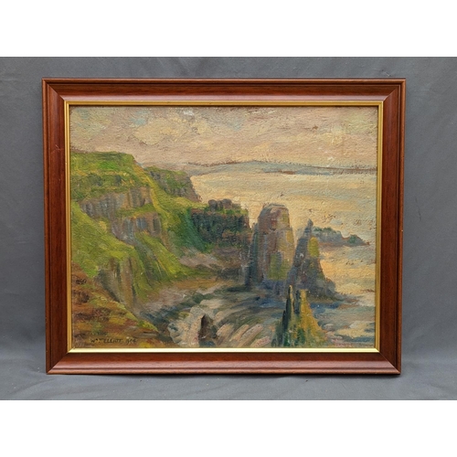 224 - WILLIAM J ELLIOTT (Irish) Cliffs and sea stacks Oil on board, signed and dated 1944 lower left, 39cm... 