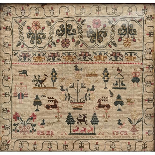 244 - Georgian needlework sampler executed by 'Elizabeth ****? aged 9 years 1797' having central basket of... 