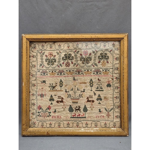 244 - Georgian needlework sampler executed by 'Elizabeth ****? aged 9 years 1797' having central basket of... 