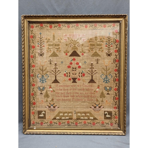 245 - Victorian needlework sampler executed by 'Jane Christian aged ten years' decorated with urns of flow... 