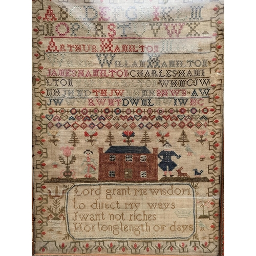 246 - Georgian needlework sampler executed by Margaret Hamilton dated 1818 decorated with large house, fig... 