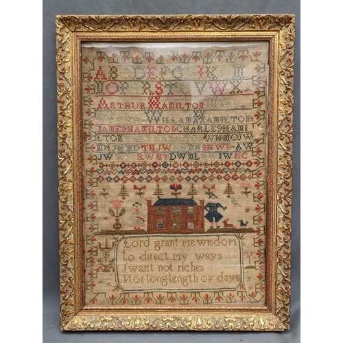 246 - Georgian needlework sampler executed by Margaret Hamilton dated 1818 decorated with large house, fig... 