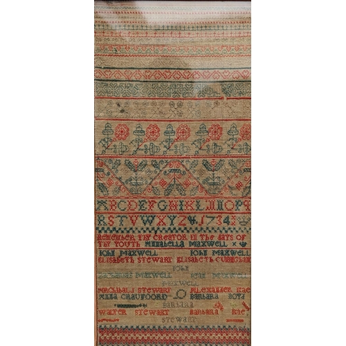 247 - 19th century needlework sampler executed by 'Annabella Maxwell' decorated with floral motifs, alphab... 