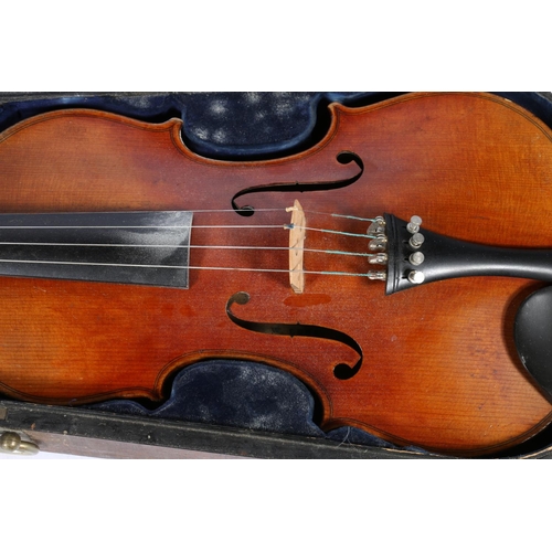 362 - Antique violin having two-piece back, bears the label 'W Lenk, Frankfurt 1878, No19', in fitted case... 