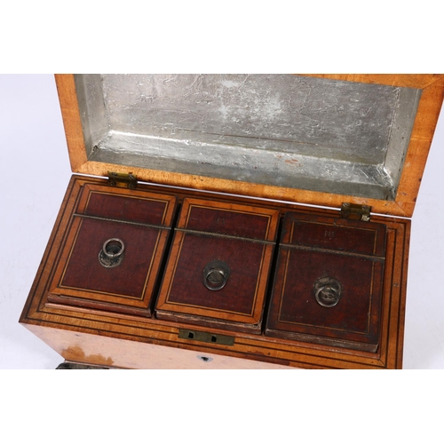 262 - Victorian burr walnut tea caddy, with reeded hinged top enclosing three original compartments, with ... 