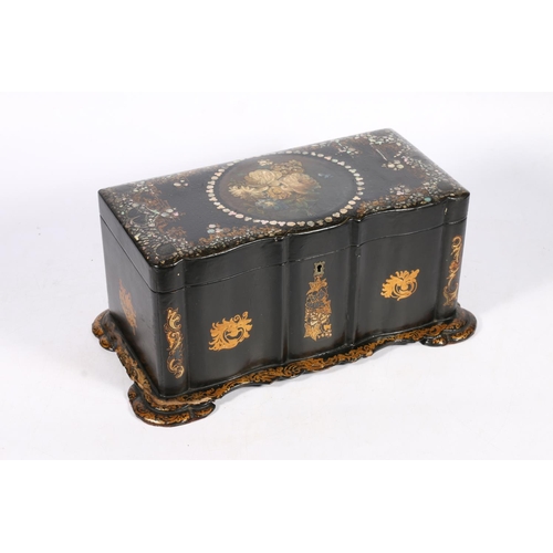 264 - Victorian papier-mâché tea caddy, the hinged top decorated with floral, mother-of-pearl and abalone ... 