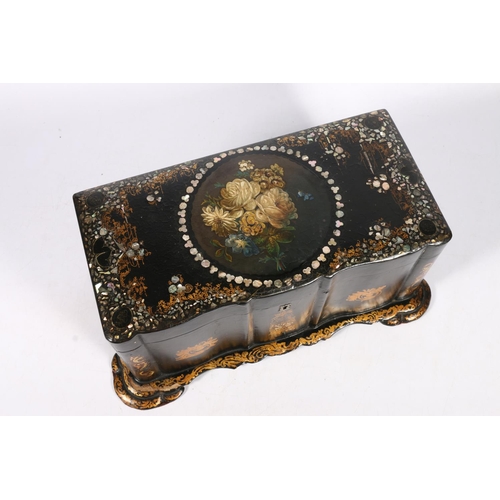 264 - Victorian papier-mâché tea caddy, the hinged top decorated with floral, mother-of-pearl and abalone ... 