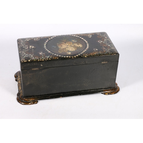 264 - Victorian papier-mâché tea caddy, the hinged top decorated with floral, mother-of-pearl and abalone ... 