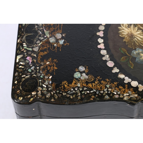 264 - Victorian papier-mâché tea caddy, the hinged top decorated with floral, mother-of-pearl and abalone ... 