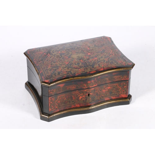 265 - Late 19th century French boulle work jewellery box, the hinged top with brass scroll decoration on r... 