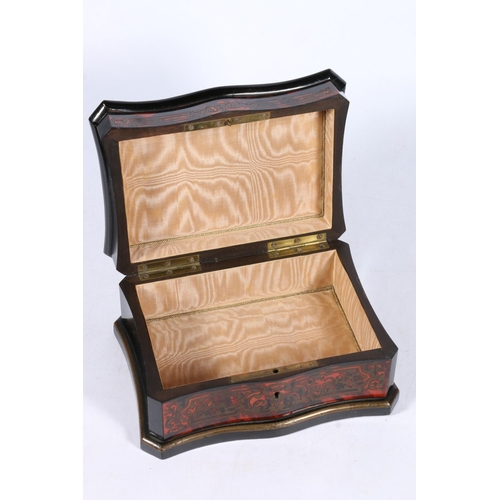 265 - Late 19th century French boulle work jewellery box, the hinged top with brass scroll decoration on r... 