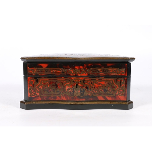 265 - Late 19th century French boulle work jewellery box, the hinged top with brass scroll decoration on r... 