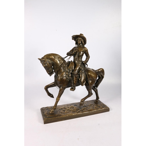 268 - After EDOUARD DROUTT (1859-1945) French cast bronze figure group, modelled as a musketeer on horseba... 