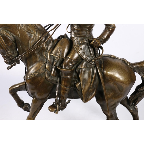 268 - After EDOUARD DROUTT (1859-1945) French cast bronze figure group, modelled as a musketeer on horseba... 