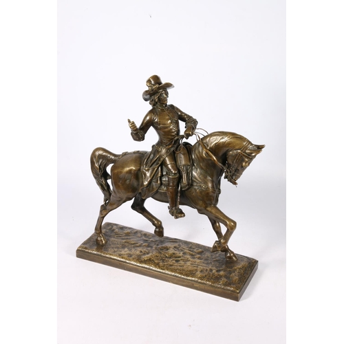 269 - After EDOUARD DROUTT (1859-1945) French cast bronze figure group, modelled as a musketeer on horseba... 