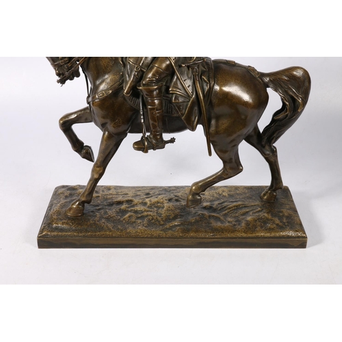 269 - After EDOUARD DROUTT (1859-1945) French cast bronze figure group, modelled as a musketeer on horseba... 