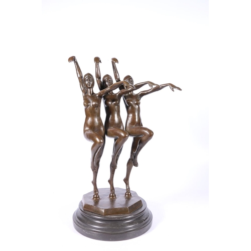 270 - 20th century cast bronze sculpture of three nude synchronised swimmers, raised on a stepped circular... 