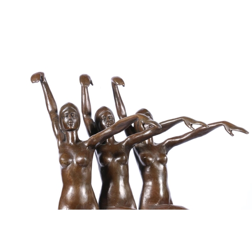 270 - 20th century cast bronze sculpture of three nude synchronised swimmers, raised on a stepped circular... 