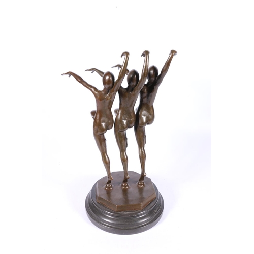 270 - 20th century cast bronze sculpture of three nude synchronised swimmers, raised on a stepped circular... 