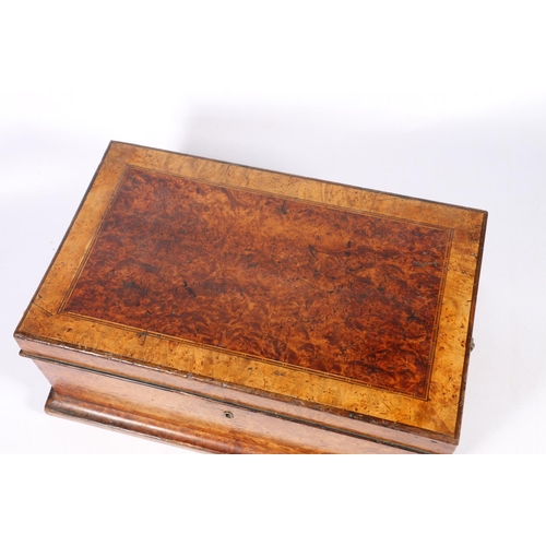 274 - 19th century burr walnut work box, the crossbanded top opening to reveal a fitted interior with lift... 