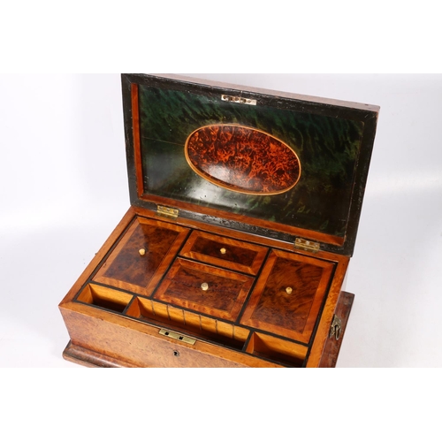 274 - 19th century burr walnut work box, the crossbanded top opening to reveal a fitted interior with lift... 