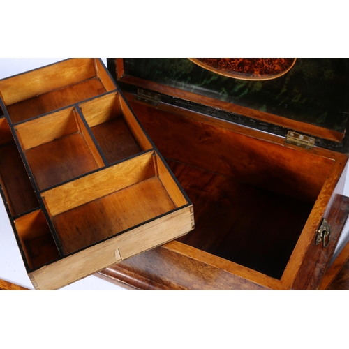 274 - 19th century burr walnut work box, the crossbanded top opening to reveal a fitted interior with lift... 