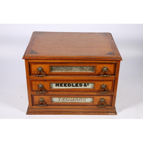 275 - Victorian oak three-drawer table-top haberdashery chest advertising Morris Yeomans' Needles and Co, ... 