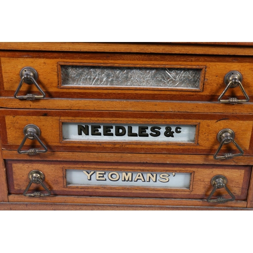 275 - Victorian oak three-drawer table-top haberdashery chest advertising Morris Yeomans' Needles and Co, ... 