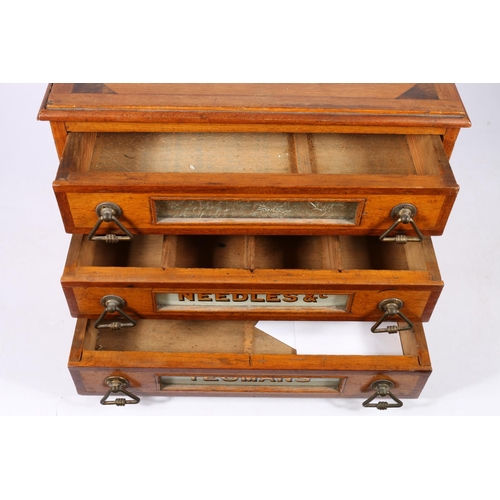 275 - Victorian oak three-drawer table-top haberdashery chest advertising Morris Yeomans' Needles and Co, ... 