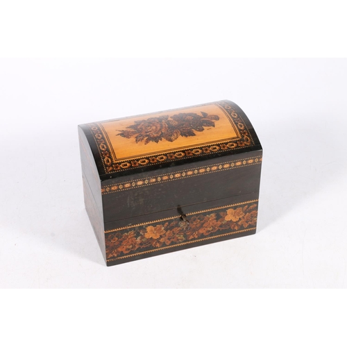 276 - Antique Tunbridge ware parquetry inlaid dome topped casket shaped box, the mosaic top with floral de... 