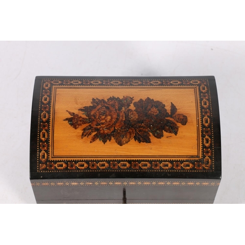 276 - Antique Tunbridge ware parquetry inlaid dome topped casket shaped box, the mosaic top with floral de... 