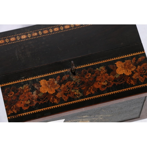 276 - Antique Tunbridge ware parquetry inlaid dome topped casket shaped box, the mosaic top with floral de... 