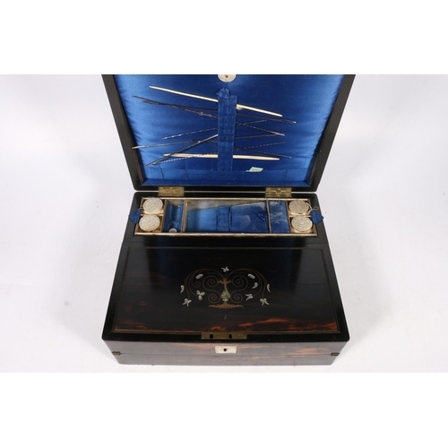 277 - 19th century coromandel combination writing slope work box, the plain top inset with mother-of-pearl... 