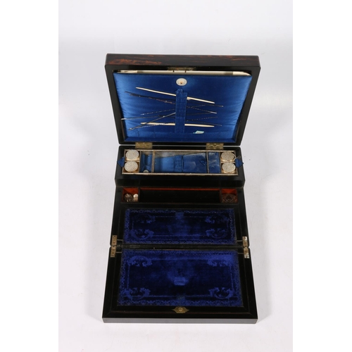 277 - 19th century coromandel combination writing slope work box, the plain top inset with mother-of-pearl... 