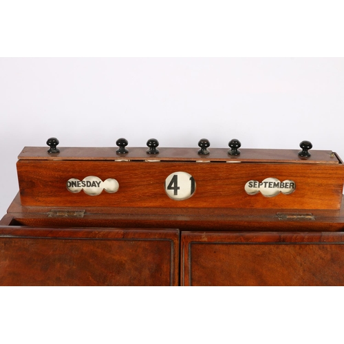 279 - Victorian mahogany slope-fronted stationary box, the top with day-date-month calendar, two doors ope... 