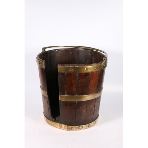 280 - Georgian coppered brass bound mahogany staved plate bucket with swing carrying handle, 57cm to top o... 