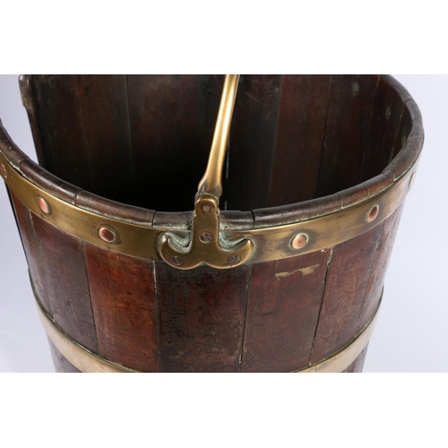 280 - Georgian coppered brass bound mahogany staved plate bucket with swing carrying handle, 57cm to top o... 