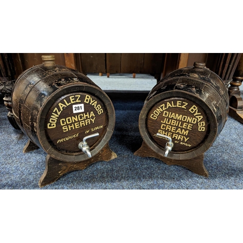 281 - Pair of coopered oak bar top casks advertising Gonzalez Byass sherry, each with white metal spigot a... 