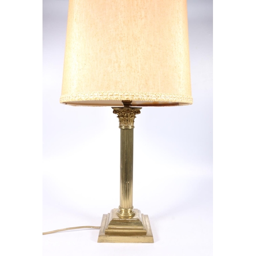 283 - Antique brass Corinthian column table lamp with reeded column and stepped square base, 42cm tall to ... 