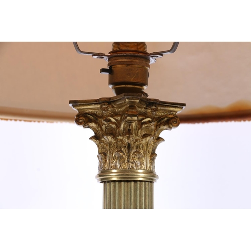 283 - Antique brass Corinthian column table lamp with reeded column and stepped square base, 42cm tall to ... 