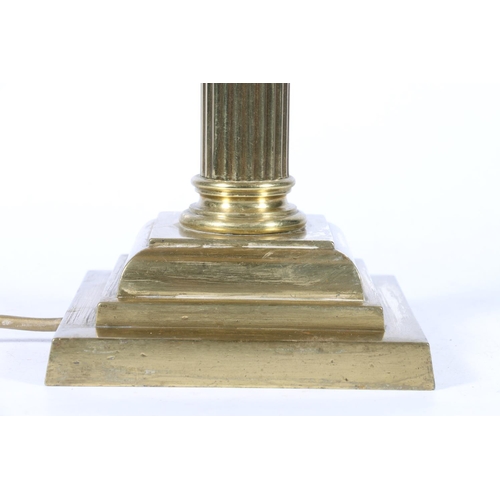 283 - Antique brass Corinthian column table lamp with reeded column and stepped square base, 42cm tall to ... 