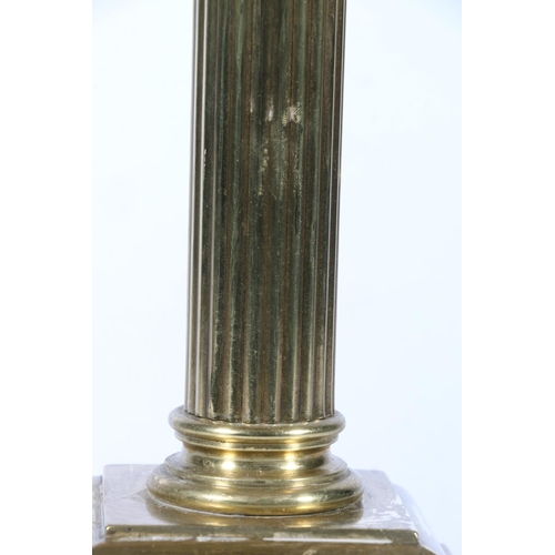 283 - Antique brass Corinthian column table lamp with reeded column and stepped square base, 42cm tall to ... 