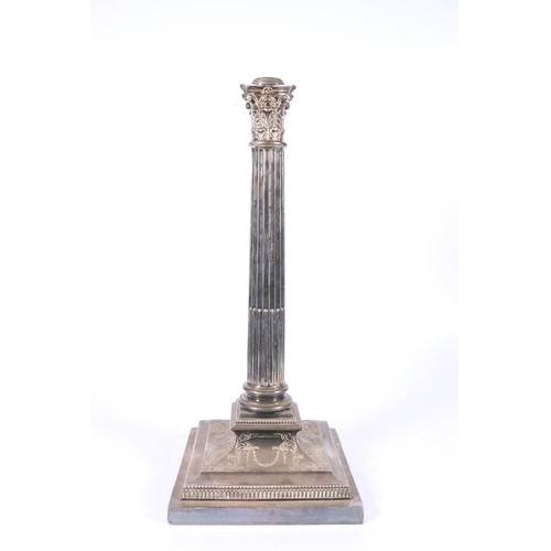 284 - Antique silver plated Corinthian column table lamp with reeded column and stepped square base, no fi... 