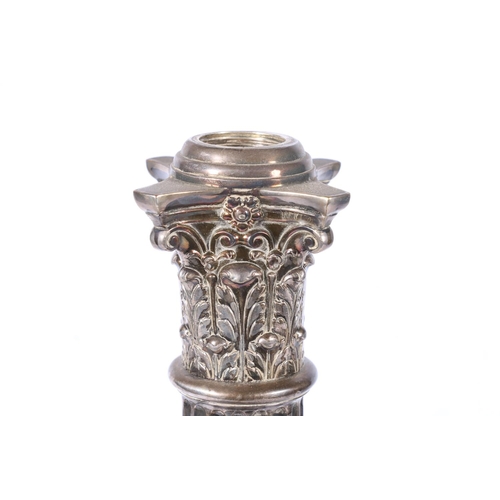 284 - Antique silver plated Corinthian column table lamp with reeded column and stepped square base, no fi... 